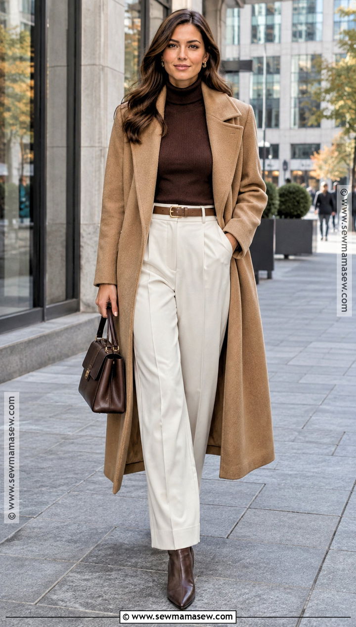 Camel Wool Coat With Tailored Trousers - 25 autumn coat outfit ideas