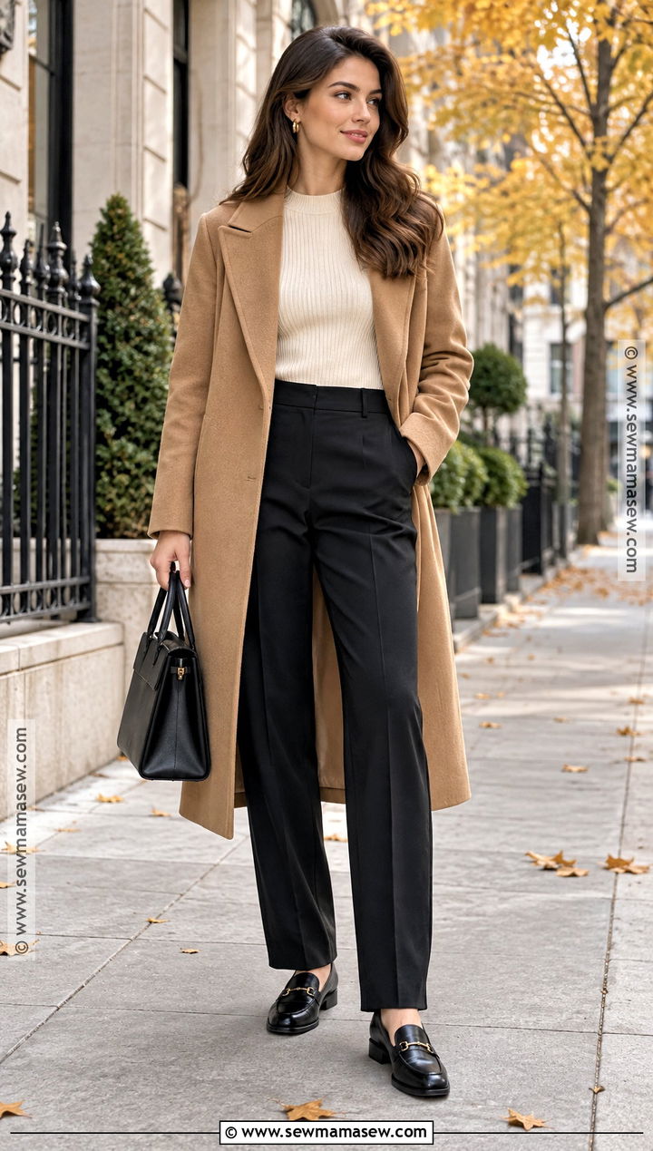 Camel Wool Coat With Tailored Trousers - 15 fall coats for women classy