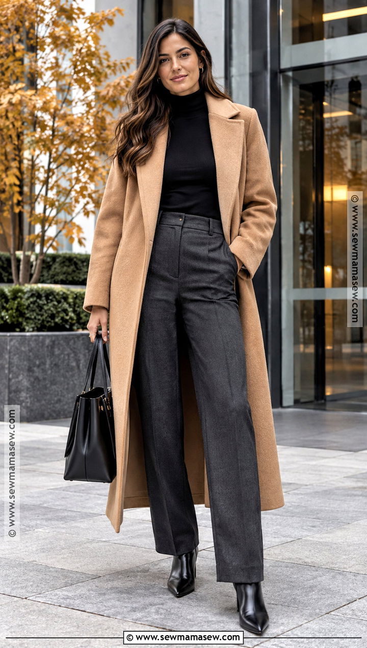 Camel Wool Coat With Turtleneck And Trousers - 20 fall coat outfits