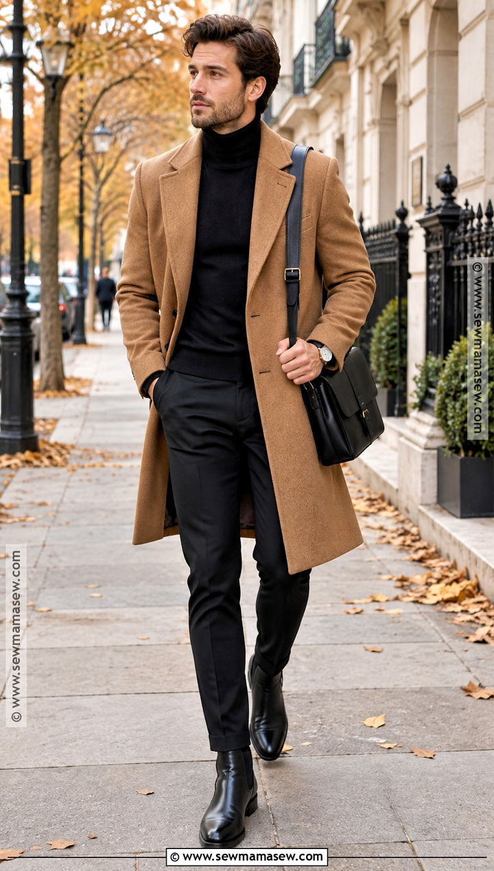 Camel Wool Overcoat With Black Trousers - 15 autumn coat ideas for men