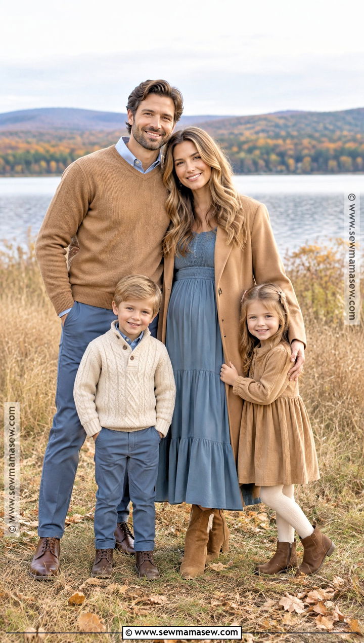 Camel and Dusty Blue Fall Family Picture Outfit - 15 fall family pictures neutral outfits