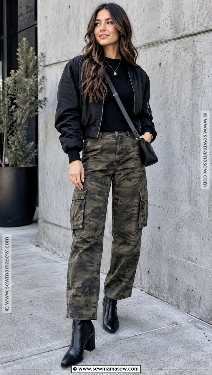Camo Cargo Pants With Black Sweater And Boots - 15 Fall Outfit Ideas With Cargo Pants
