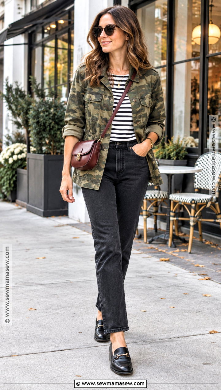 Camo Jacket With Striped Top And Straight Jeans - 15 camo jacket fall fashion ideas