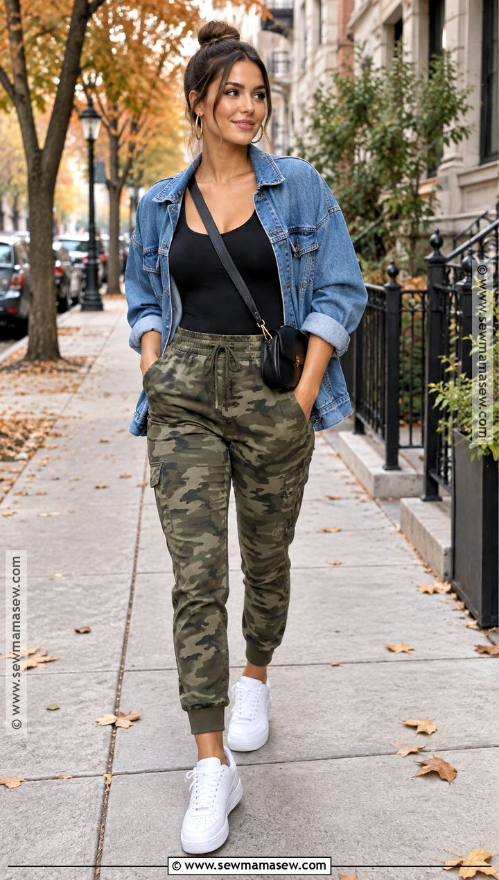Camo Joggers With Black Bodysuit And Denim Jacket - 15 camo joggers outfit women fall ideas