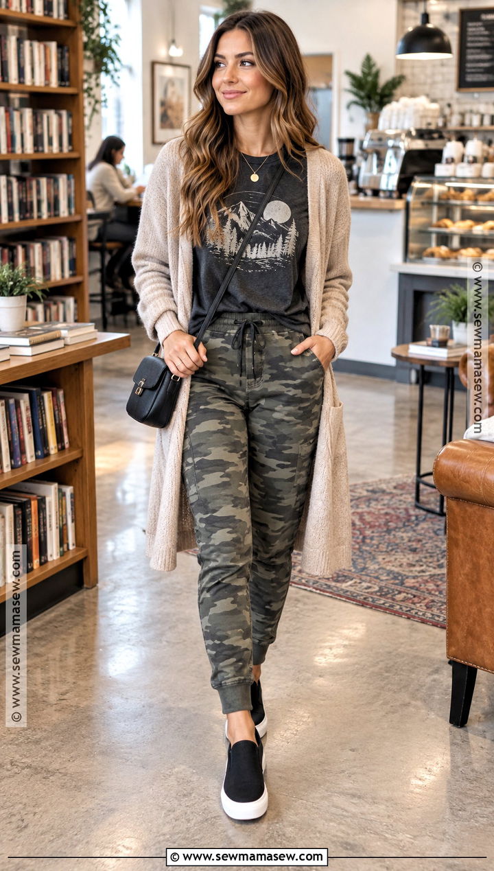 Camo Joggers With Graphic Tee And Cardigan - 15 camo joggers outfit women fall ideas