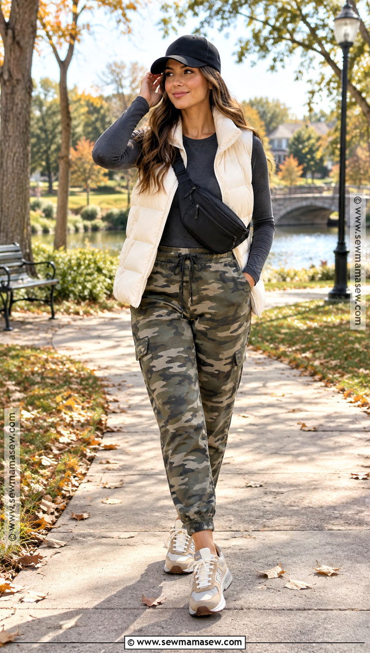 Camo Joggers With Puffer Vest And Sneakers - 15 camo joggers outfit women fall ideas