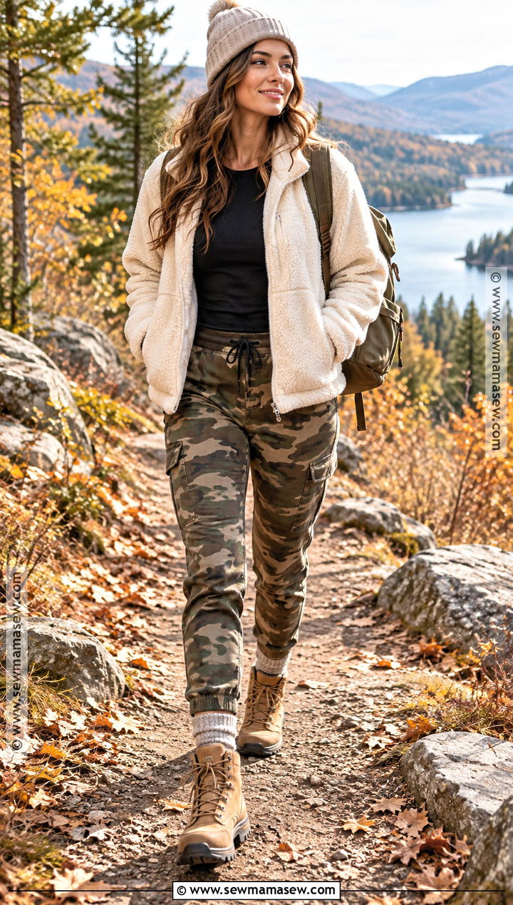 Camo Joggers With Sherpa Jacket And Hiking Boots - 15 camo joggers outfit women fall ideas