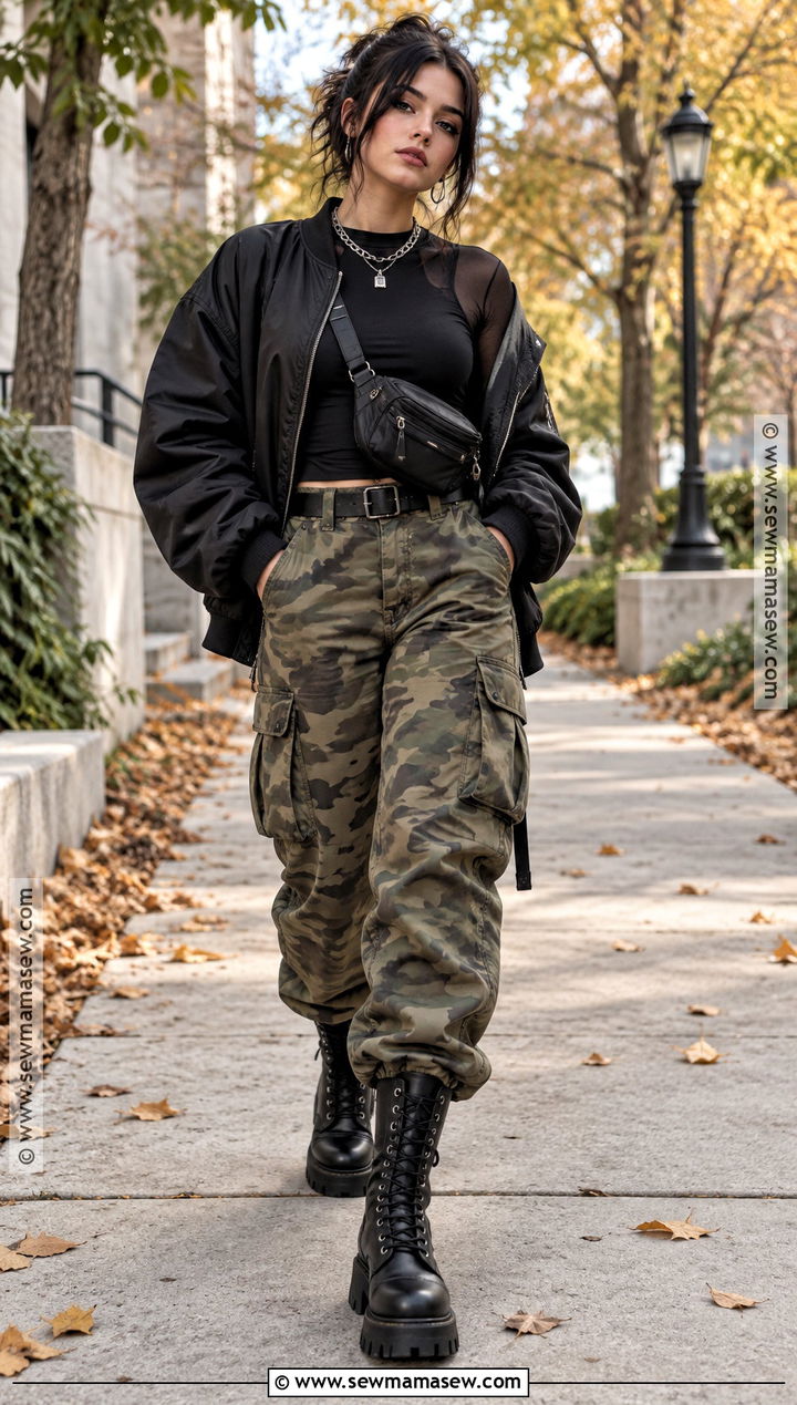 Camo Pants And Black Bomber Jacket Outfit - 25 alt fall outfits