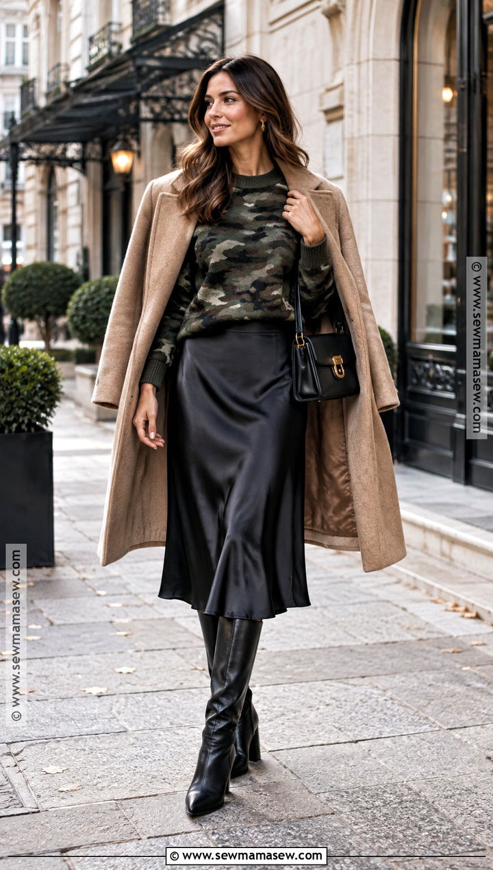 Camo Sweater Over A Slip Dress - 15 Camo Sweater Fall Fashion Ideas