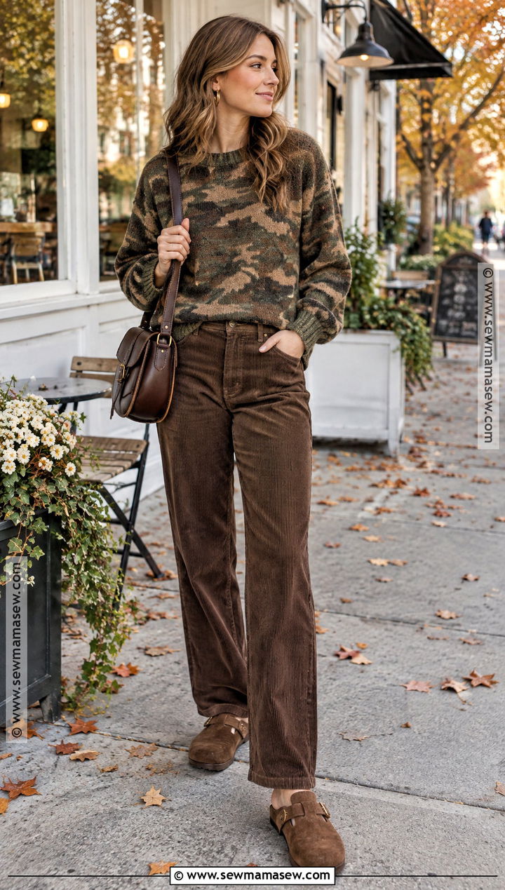 Camo Sweater With Corduroy Pants - 15 Camo Sweater Fall Fashion Ideas