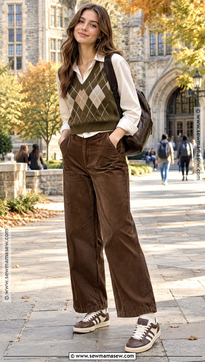 Campus 00s With Corduroy Pants And Sweater Vest - 15 back to school outfits campus 00s