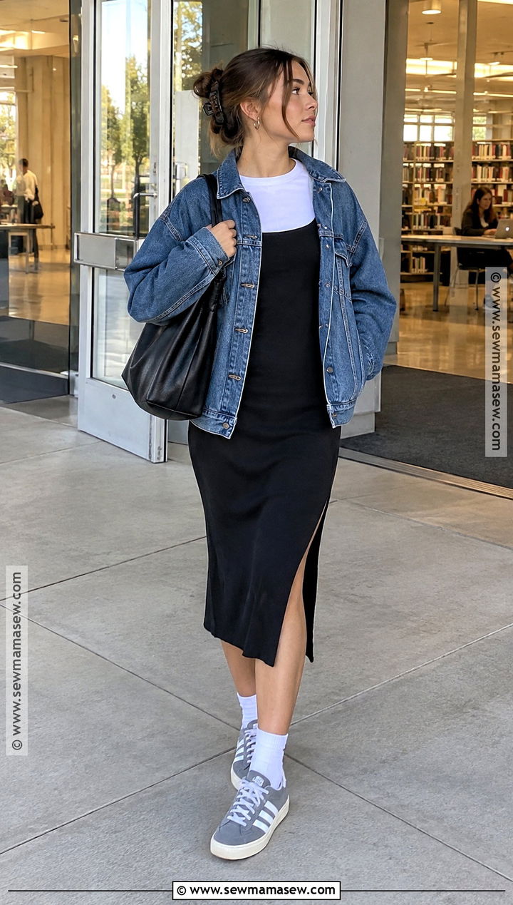 Campus 00s With Slip Dress And Denim Jacket - 15 back to school outfits campus 00s