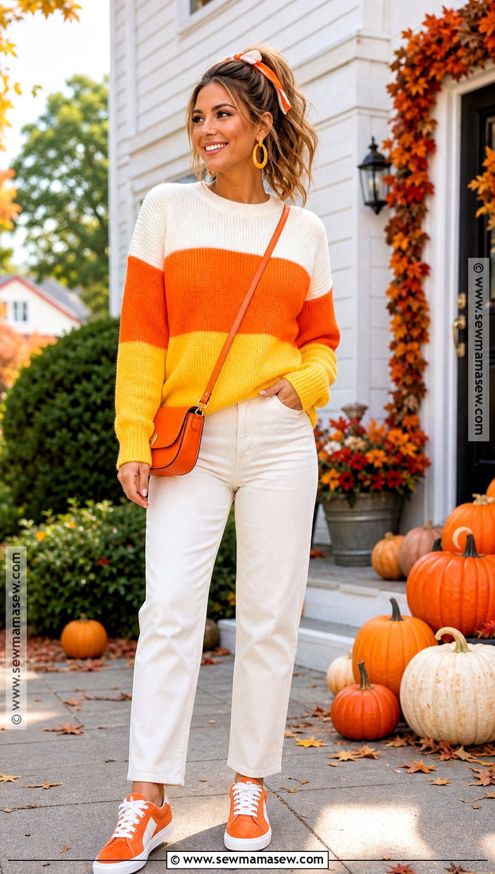 Candy Corn Halloween Outfit With Color Block Knit - 35 Halloween Outfits for Women