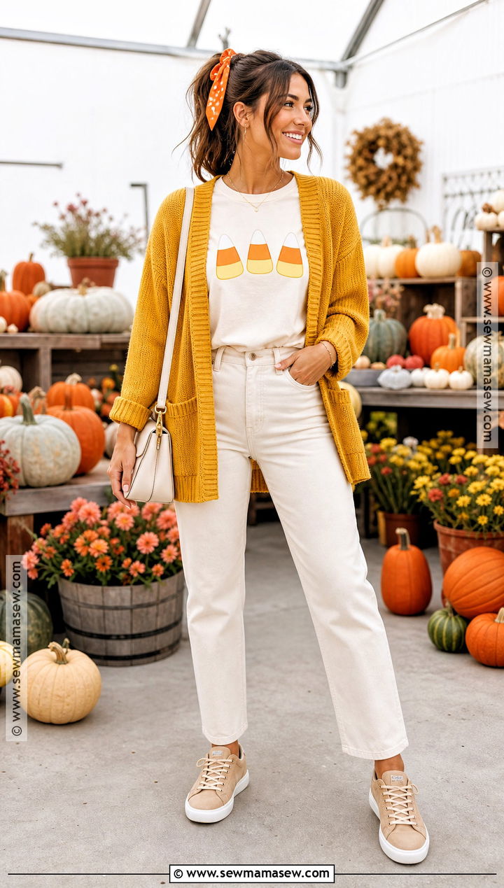 Candy Corn Halloween Shirt With White Denim - 35 Halloween Shirt Ideas