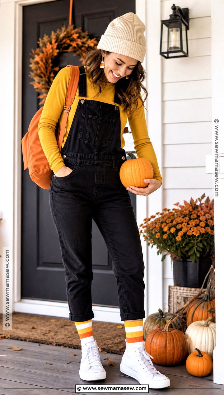 Candy Corn Halloween Socks With Overalls Outfit - 30 Halloween Socks Ideas