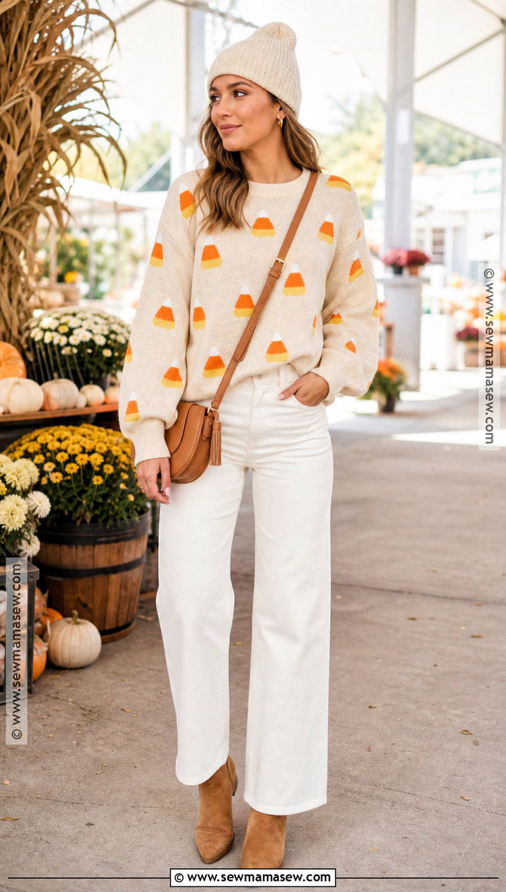 Candy Corn Halloween Sweater With White Jeans - 35 halloween sweater ideas