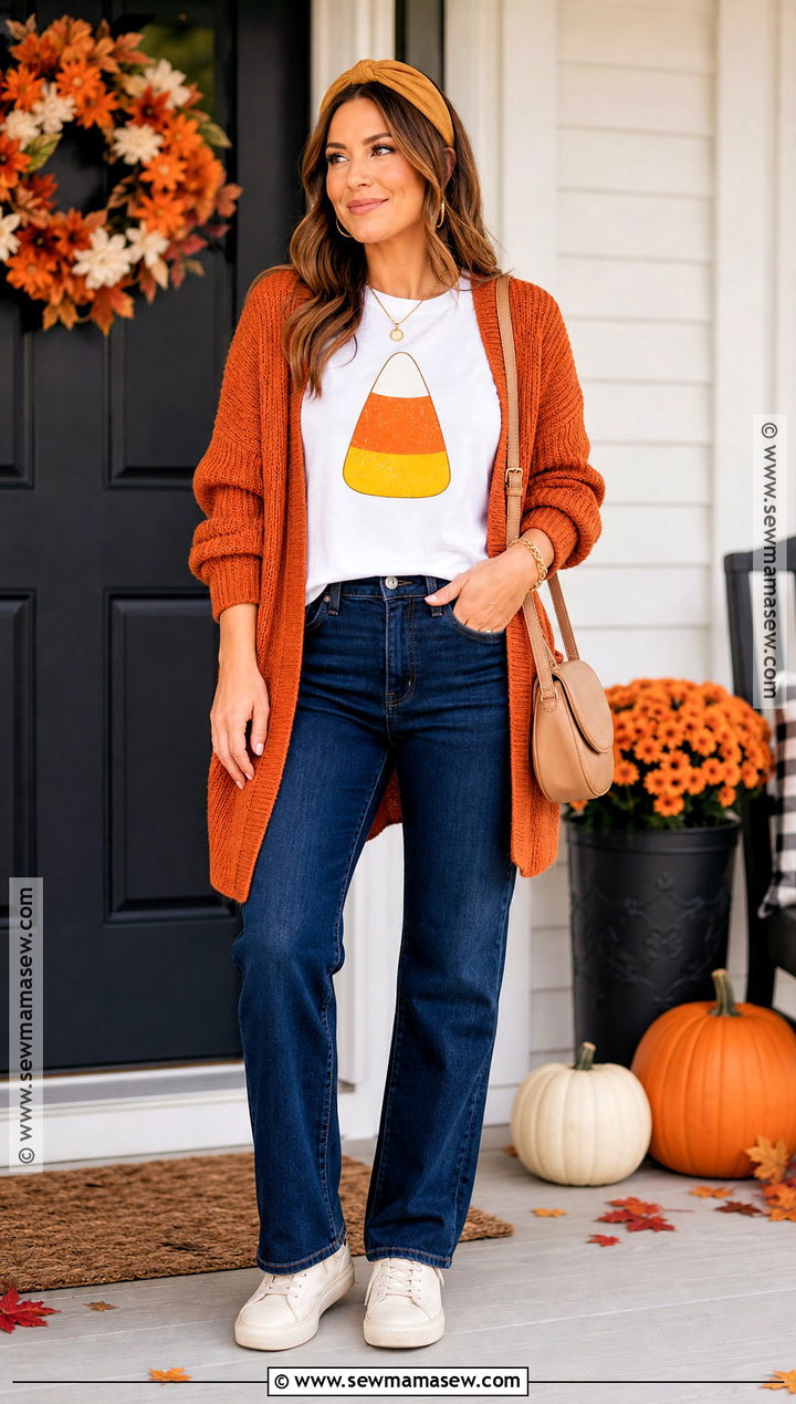 Candy Corn Halloween T Shirt With Orange Cardigan - 30 halloween tshirt ideas