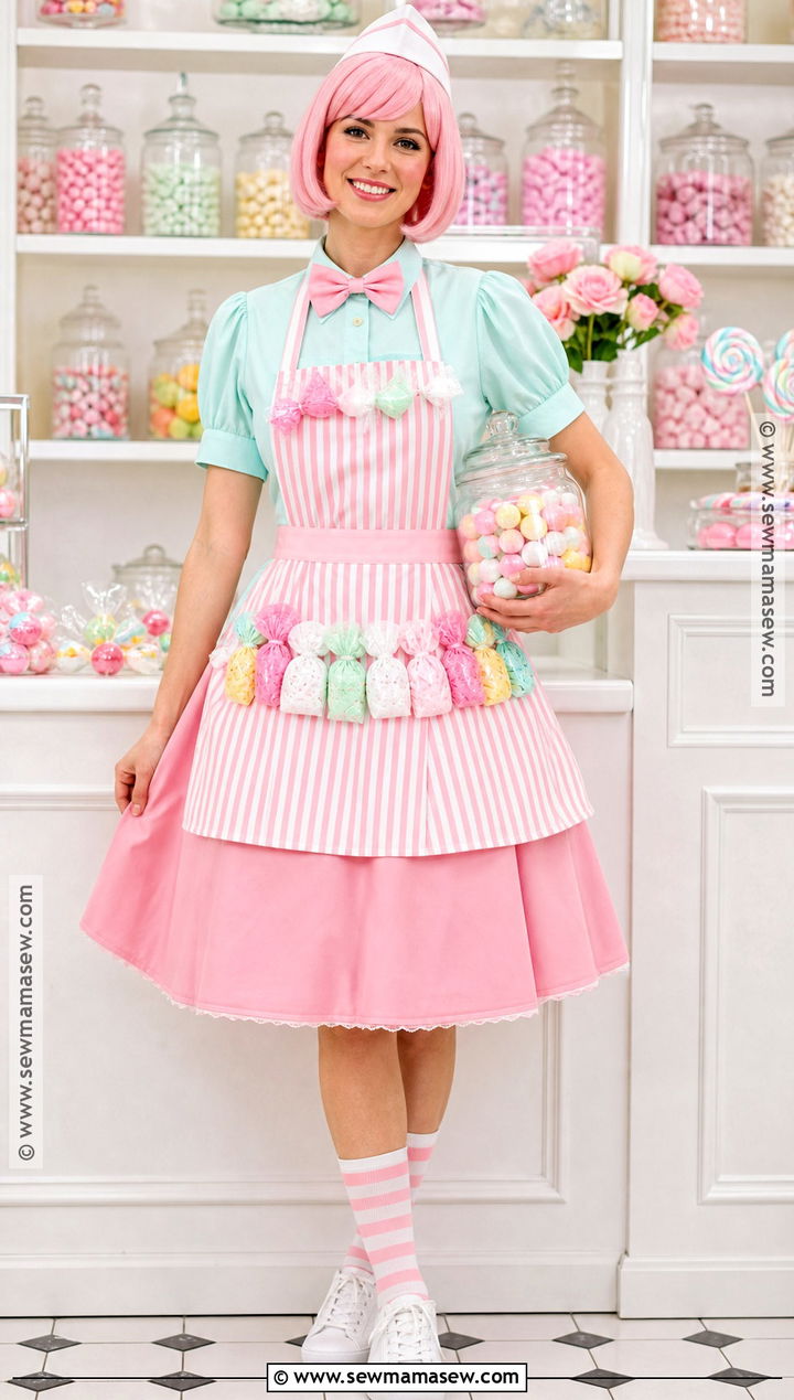 Candy Shop Keeper Costume With Striped Apron - 30 Candy Land Costumes for Women