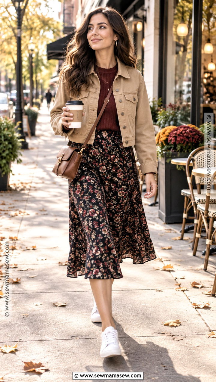 Canvas Jacket With A Floral Midi Skirt - 15 canvas jacket fall fashion ideas