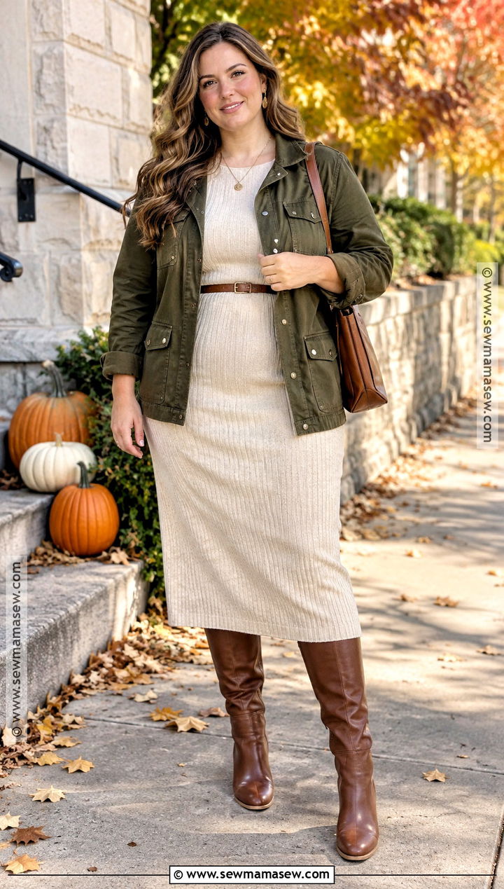 Canvas Jacket With A Knit Midi Dress - 15 canvas jacket fall fashion ideas