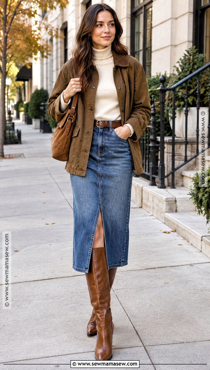 Canvas Jacket With Denim Skirt And Knee High Boots - 15 canvas jacket fall style ideas