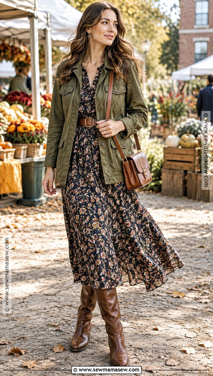 Canvas Jacket With Floral Midi Dress And Boots - 15 canvas jacket fall style ideas