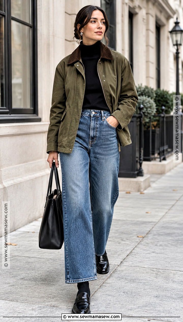 Canvas Jacket With Wide Leg Jeans And Loafers - 15 canvas jacket fall fashion ideas