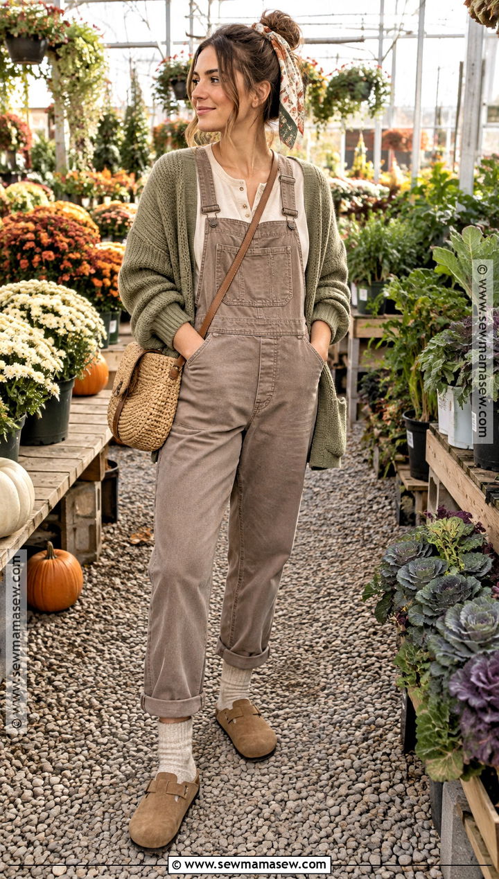 Canvas Overalls With Cardigan and Suede Clogs - 15 Overalls Aesthetic Fall