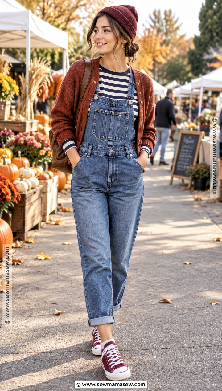 Canvas Sneakers With Overalls And Striped Shirt - 15 Casual Fall Sneaker Outfits