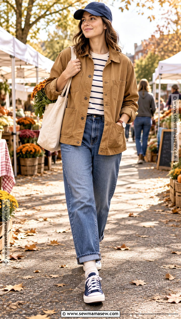 Canvas Sneakers With Relaxed Jeans And Chore Jacket - 25 fall sneakers outfit