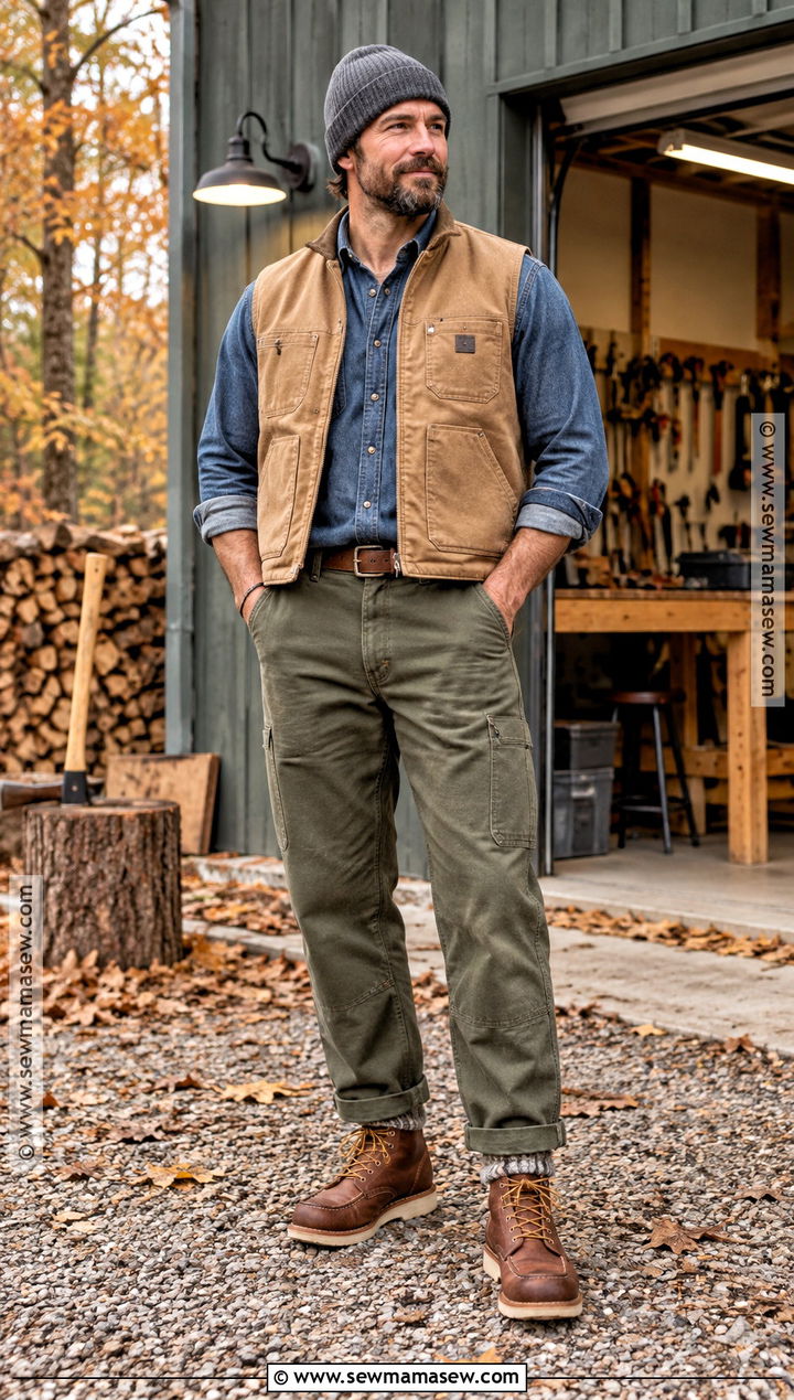 Canvas Vest With Denim Shirt and Carpenter Pants - 15 Mens Fall Vest Outfit Ideas