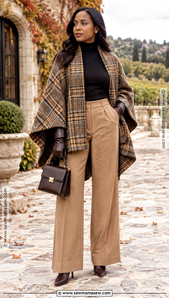 Cape And Wide Leg Pants Vineyard Outfit - 15 Fall Vineyard Outfits for Black Women