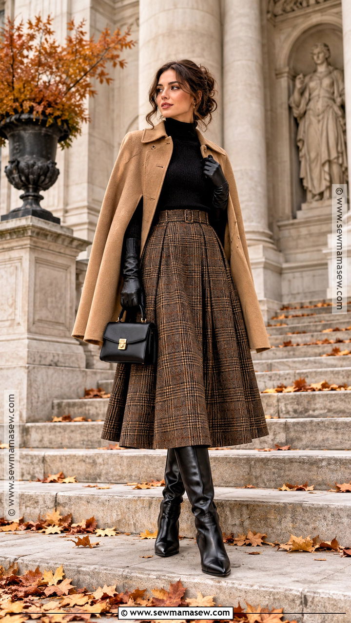 Cape Coat And Plaid Midi Skirt Dark Academia Outfit - 20 Autumn Dark Academia Outfits