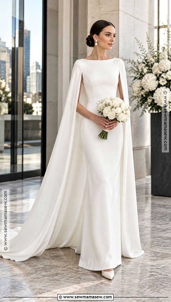 Cape Sleeve Column Wedding Dress - 15 Modest Fall Wedding Dresses