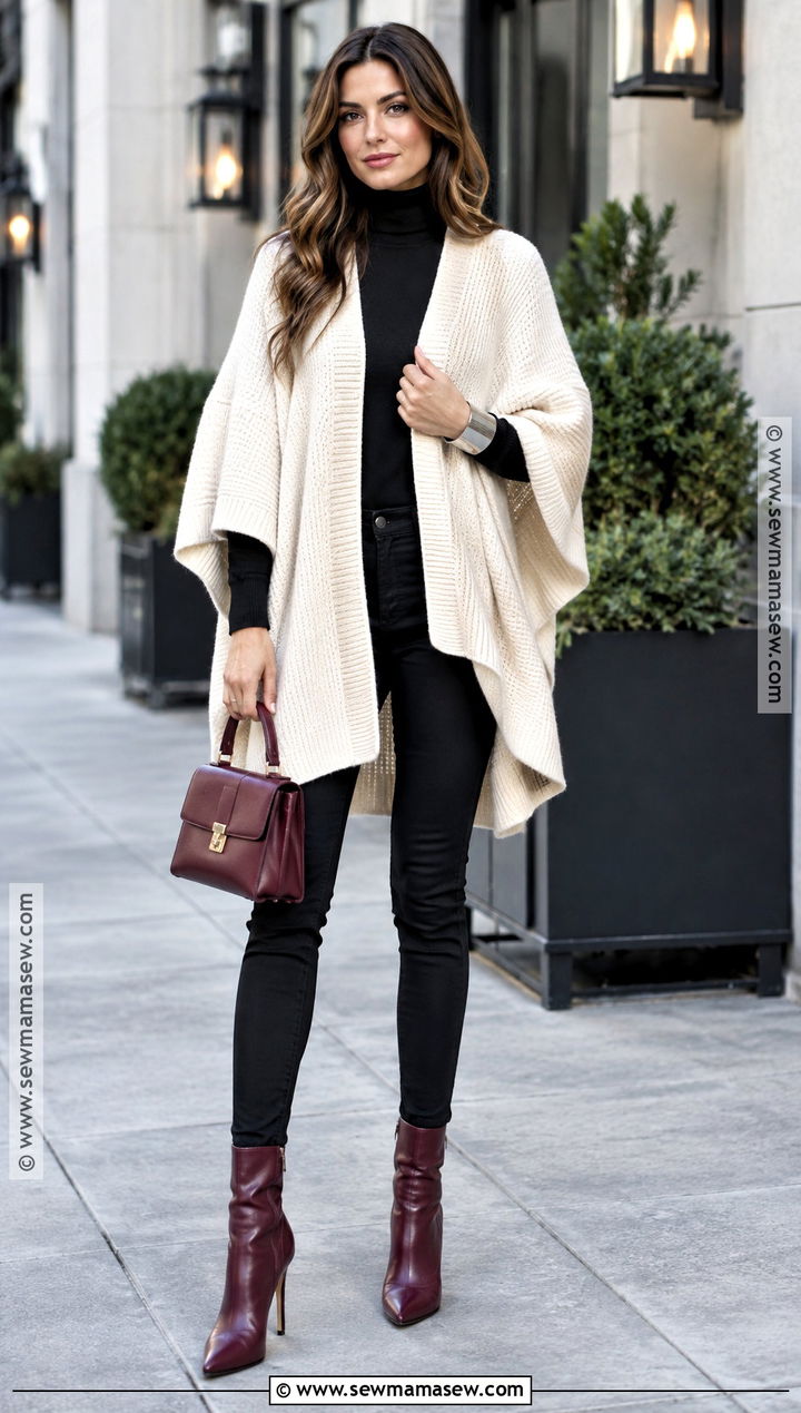 Cape Sweater Skinny Pants and Stiletto Boots Fall Outfit - 20 fall outfits with heels