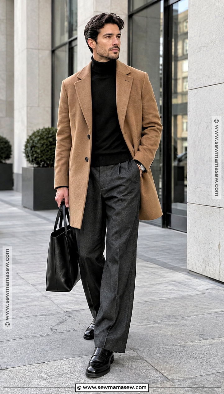 Car Coat Turtleneck and Wide Leg Trousers Outfit - 15 Casual Mens Fall Outfits