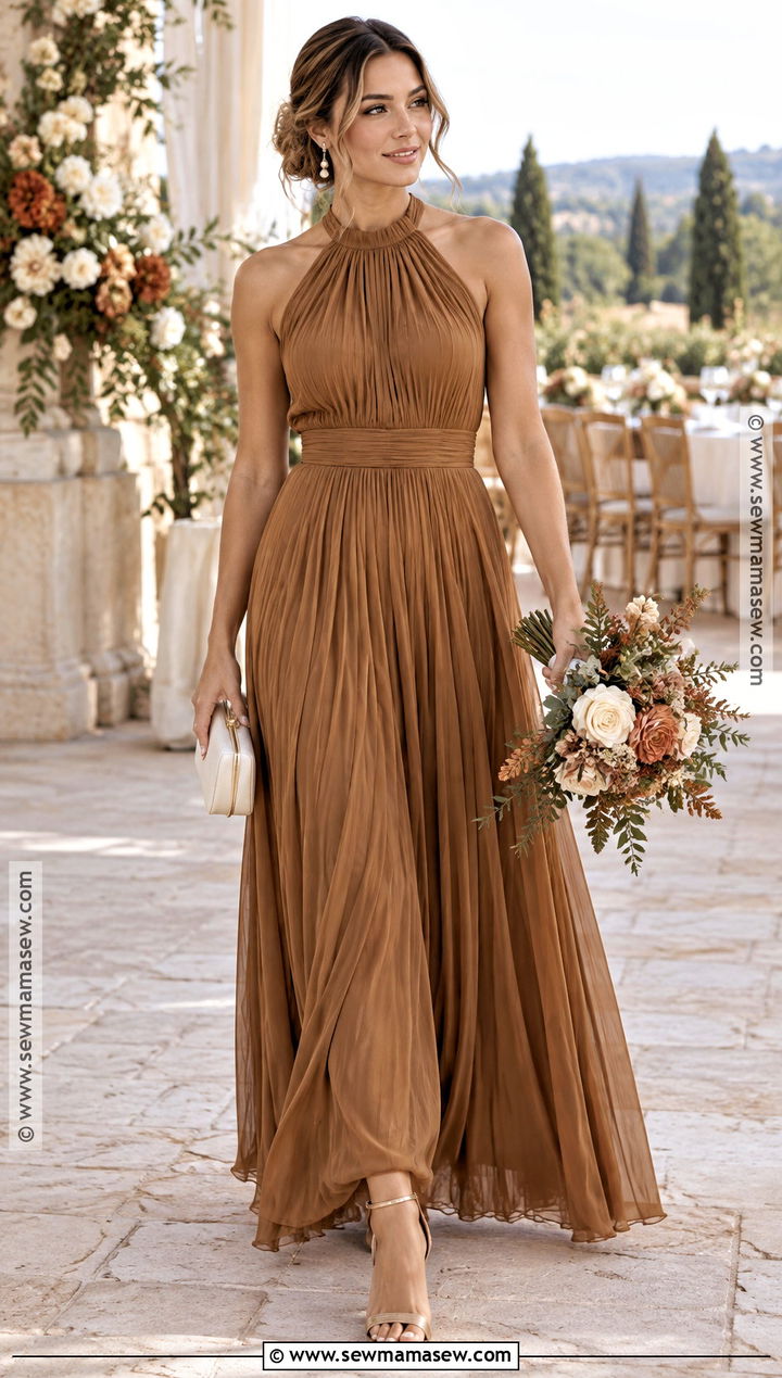 Caramel Brown Pleated Halter Bridesmaid Dress - 15 Fall Bridesmaid Dresses Brown