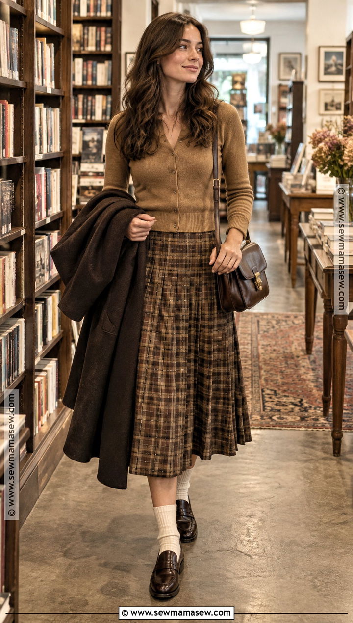 Caramel Cardigan and Brown Plaid Skirt - 15 Fall Fashion Brown Tones Ideas