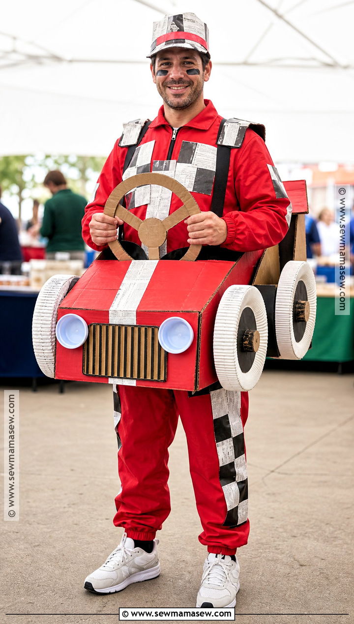 Cardboard Race Car Driver Costume - 30 recycled costume ideas for men