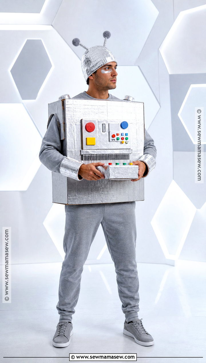 Cardboard Robot Costume With Silver Clothes - 30 simple halloween costume ideas