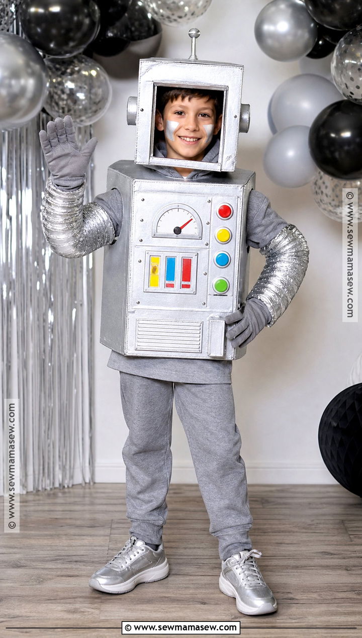 Cardboard Robot Costume With Silver Details - 30 kid costume ideas