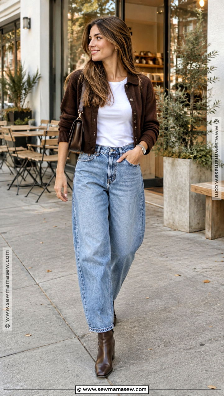 Cardigan And Barrel Jeans Autumn Outfit With Boots - 20 autumn outfit with boots