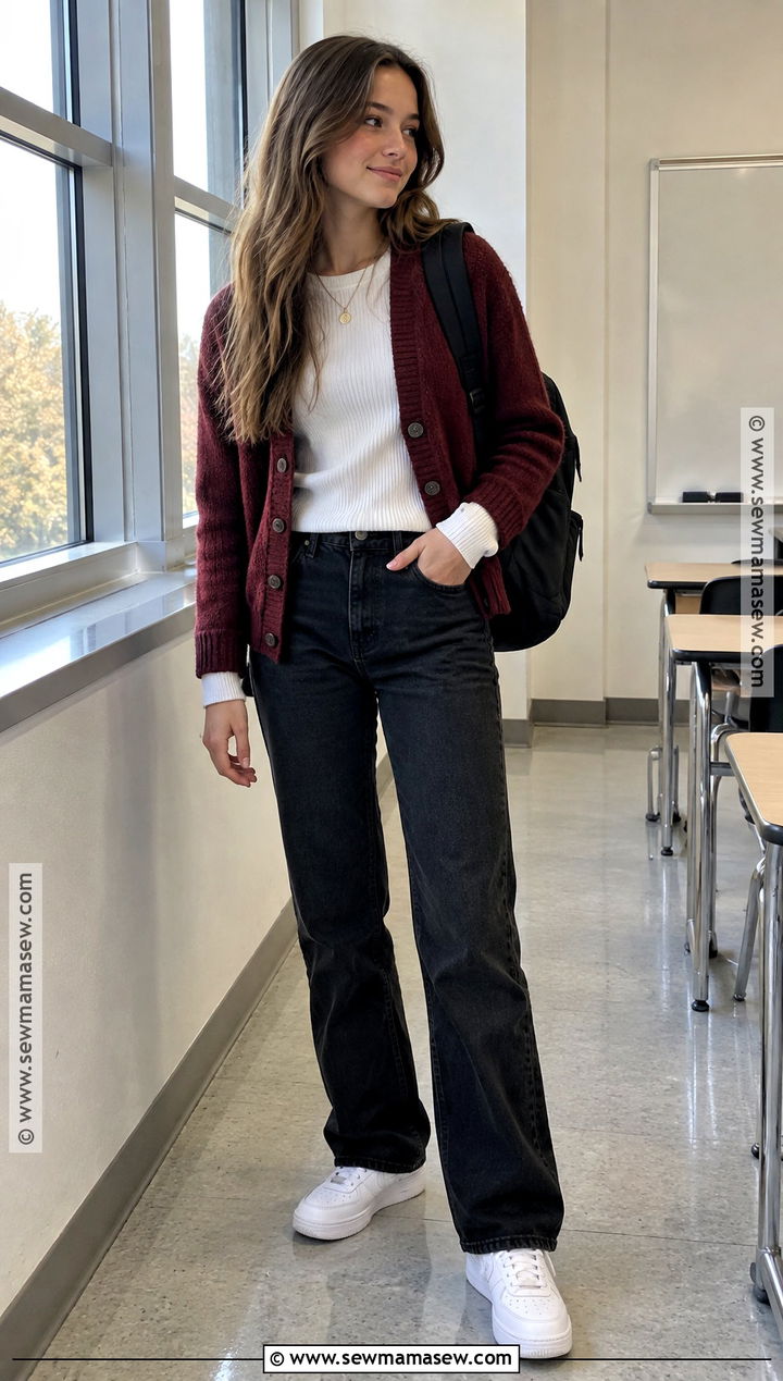 Cardigan And Black Jeans Outfit - 20 Back To School After Winter Break Outfit Ideas