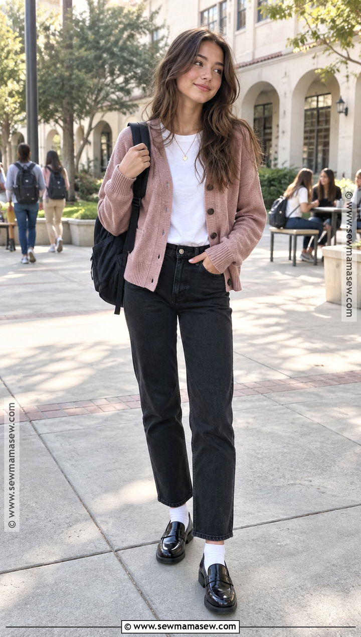 Cardigan And Black Jeans School Outfit - 15 cute simple outfits for school fall