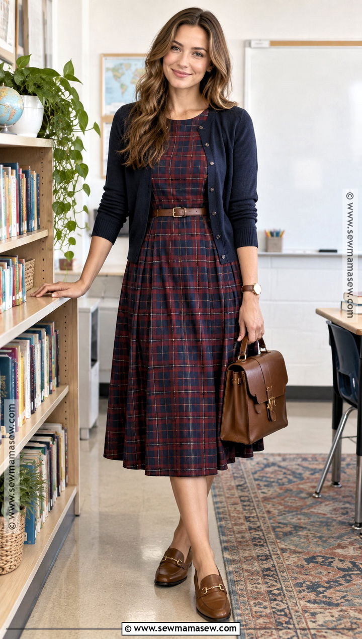 Cardigan And Checkered Dress Teacher Outfit - 15 fun fall teacher outfits
