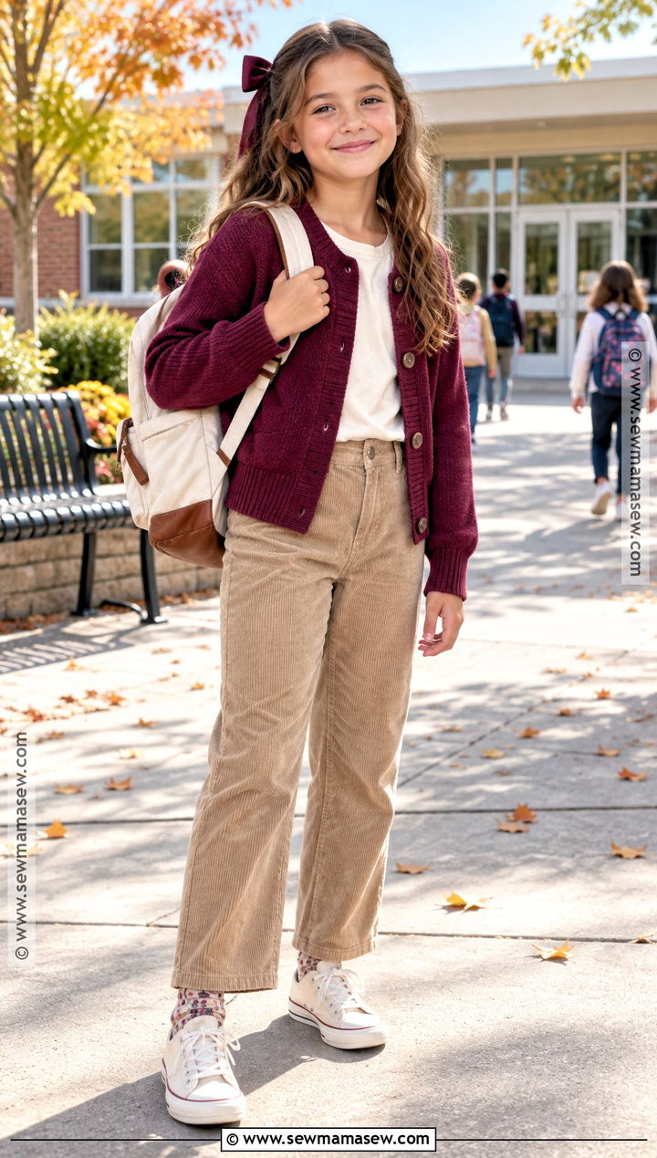 Cardigan And Corduroy Pants School Outfit - 20 Back To School Outfits 5Th Grade for Girls