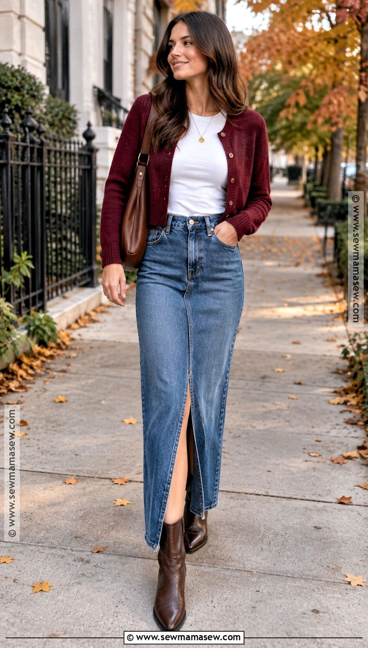 Cardigan And Denim Maxi Skirt Fall Outfit - 15 Cute Fall Fits 2026