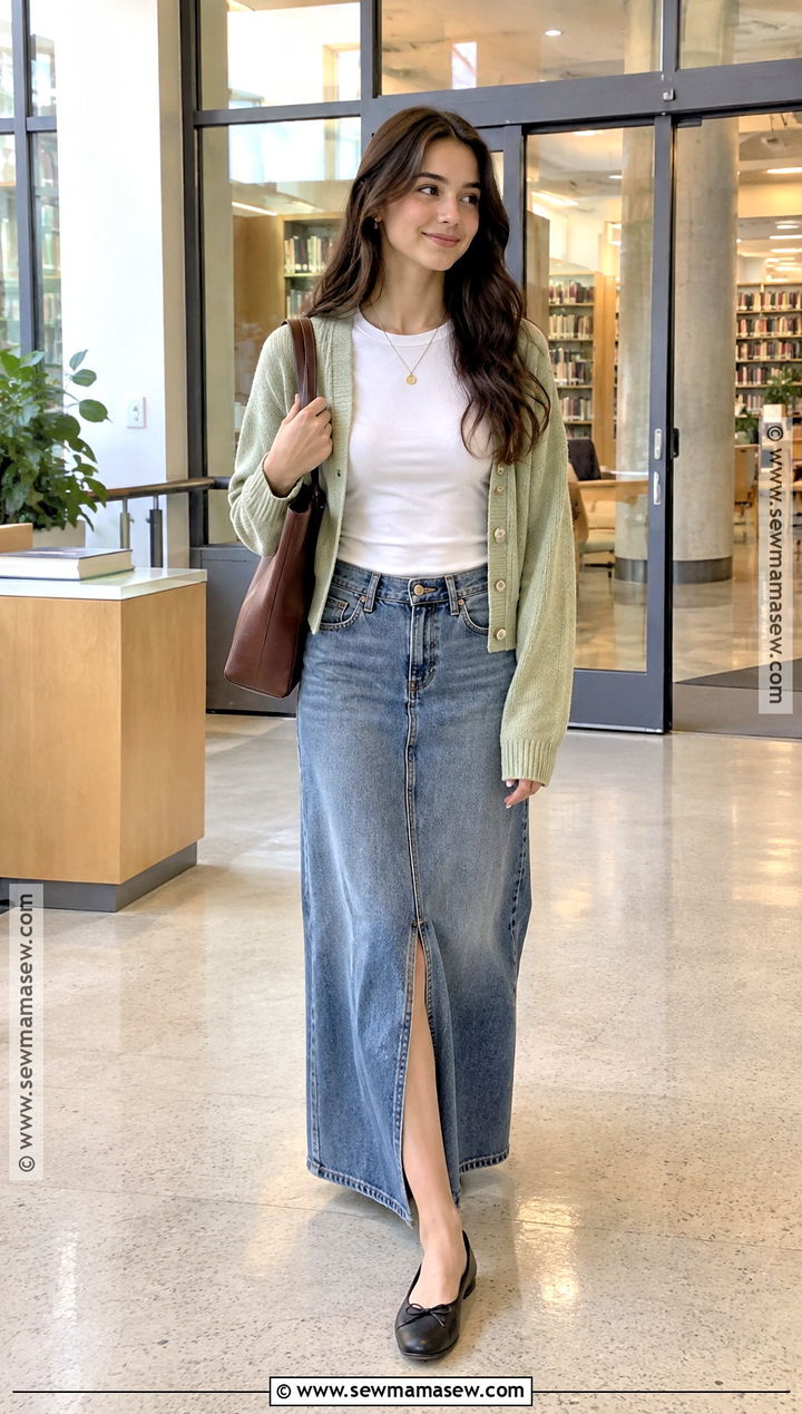 Cardigan And Denim Maxi Skirt School Outfit - 20 Fly Back To School Outfits