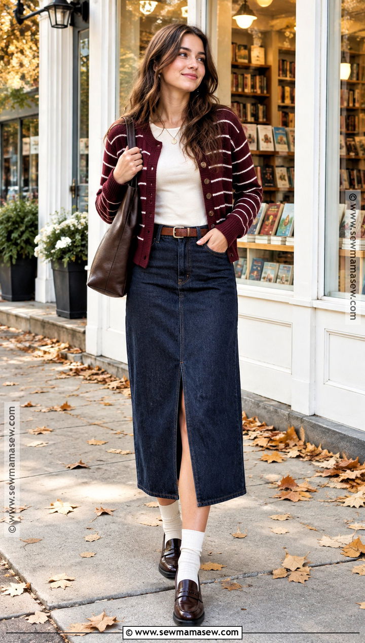 Cardigan And Denim Midi Skirt Autumn Outfit - 15 autumnal style ideas