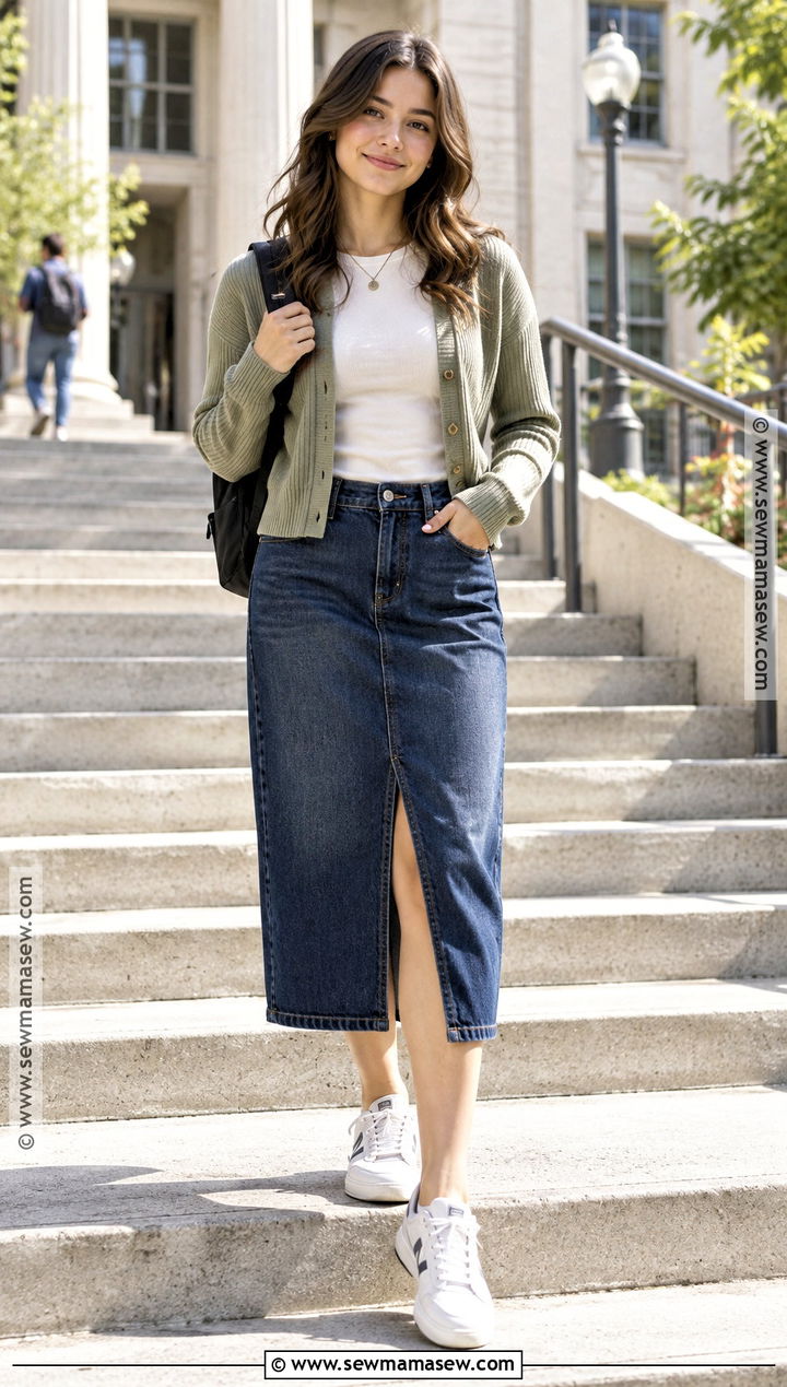 Cardigan And Denim Midi Skirt Back To School Outfit - 25 outfits back to school